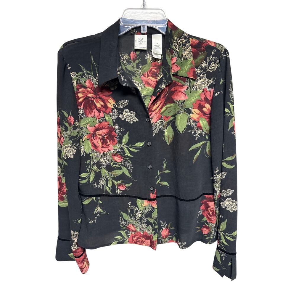 Vintage Emma James Liz Claiborne Company Blouse Size 12 90s Y2K Peonies Nature